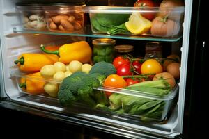 ai generado refrigerador encontrar recuperando un comida envase desde el refrigerador para un comida ai generado foto