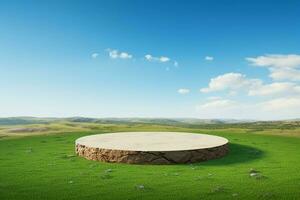 AI generated Circular podium rendered on a serene meadow soil ground photo