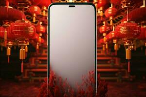 AI generated Tech infused 3D illustration Chinese New Year banner, smartphone, lantern celebration photo