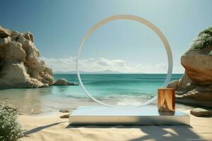 AI generated Beach podium for product presentation, blending elegance with coastal vibes photo