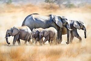 AI generated Herd of Elephants in Africa walking through the grass. Neural network AI generated photo