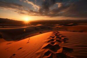 ai generado huellas en el arena en el Desierto durante puesta de sol. neural red ai generado foto