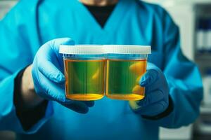 AI generated Doctor in blue uniform holds plastic container for urine samples photo