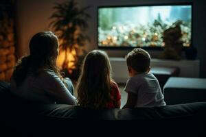 AI generated Family time Young friends enjoy movie on TV in living room photo