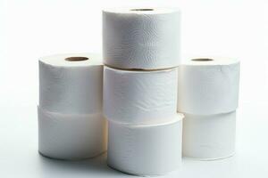 AI generated Tissue paper rolls stacked on white background with clipping path photo