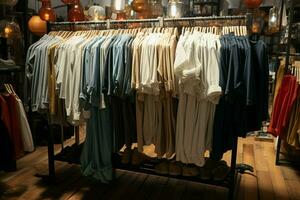 AI generated Shop offerings a variety of hanging clothes attractively presented for sale photo