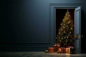 AI generated Festive surprise Empty wall with open door and Christmas tree photo