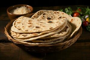 ai generado auténtico indio cocina chapati exhibido en un rústico de madera antecedentes foto