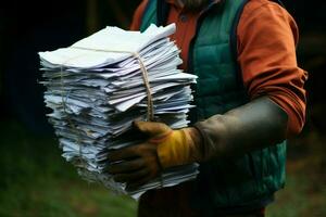 AI generated Eco conscious action Man holds bundle of used paper for recycling photo