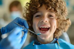 AI generated Photo of smiling boy in dental chair, visit to the dentist