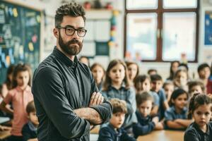 ai generado retrato de masculino profesor y alumnos sentado a escritorios en salón de clases foto