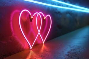 AI generated Abstract neon background with two glowing hearts photo