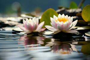 AI generated Lotus in serene water, accompanied by an elegant floating stone photo