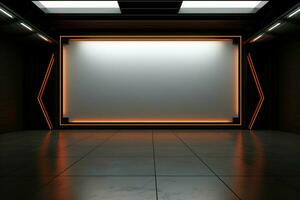 ai generado sala de exposición elegante blanco pared irradia un calentar resplandor en 3d representación foto