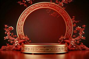 AI generated Opulent 3D rendering Round stage podium, Chinese New Year celebration photo