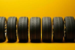 AI generated Tire lineup Row of tires presented on a vibrant yellow background photo