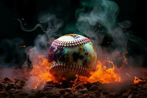 AI generated Smoky allure Colorful baseball ball captures attention against a mysterious backdrop photo