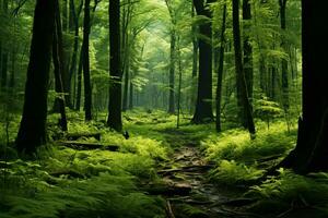 ai generado lozano verde bosque con majestuoso árboles, pequeño arbustos, y helechos foto