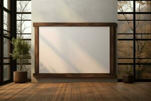 AI generated Aesthetic render Mockup featuring a large wooden frame, illuminated setting photo