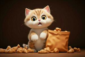 ai generado caprichoso 3d dibujos animados gato gracias encantador mascota comida embalaje, adorable foto