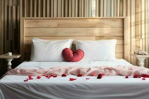 AI generated Hotel romance Bed adorned with rose petals creating a romantic setting AI Generated photo