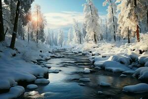 ai generado invierno mundo maravilloso con un congelado río, destellos en el Dom foto