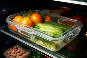 ai generado Fresco desde el refrigerador tomando fuera un comida envase para un delicioso tratar ai generado foto