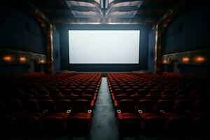 AI generated Cinematic anticipation Movie theater with a blank, inviting screen photo