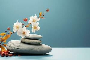 AI generated Minimalistic scene stone with flowers on a light blue background photo