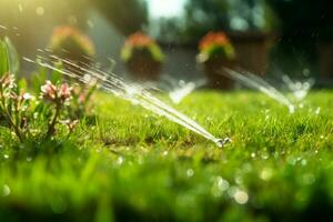 AI generated Lush lawn receives care from water saving sprinkler system with adjustability photo