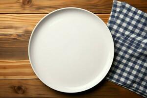 AI generated Minimalist setting White plate tray on wooden tablecloth, top view photo