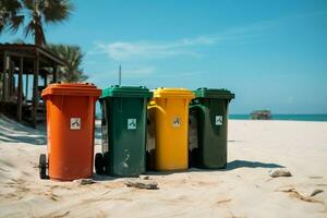 AI generated Beachside eco effort Four containers for garbage sorting, environmental conservation focus photo