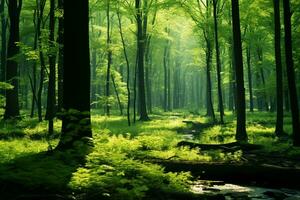 AI generated Sun rays break through a lush green forests dense crown photo