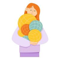 Flat lay young woman with red hair holding balls of yarn vector