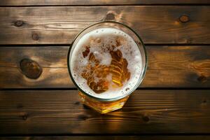 AI generated Beer presentation Top view of glass on wooden background photo