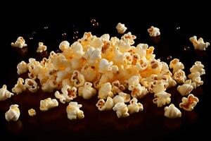 AI generated Cinematic delight Popcorn isolated on black, capturing motion and flavor photo