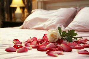 AI generated Romantic ambiance Rose petals scattered on a bed in a hotel room AI Generated photo