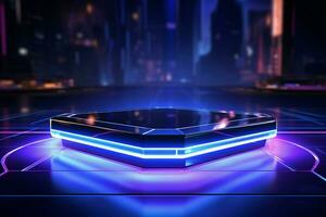 AI generated Futuristic brilliance Metallic podium bathed in neon lights for tech photo