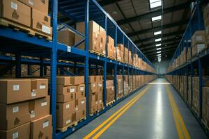 AI generated Distribution center racks filled with packages, ready for global transport photo