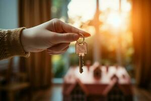 AI generated New beginning woman holds key house keychain in a fresh space photo