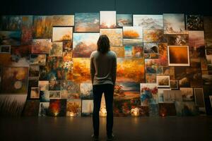 AI generated Art enthusiast captivated by gallery exhibit, immersed in creative contemplation photo