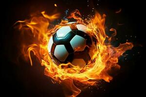 AI generated Soccer drama Ball on black backdrop with dynamic colored lights photo