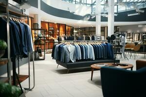 AI generated Fashionable retail store interior, showcasing mens and womens formal wear photo