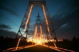 ai generado 3d hacer animación energía corriente mediante acero torre a amanecer foto