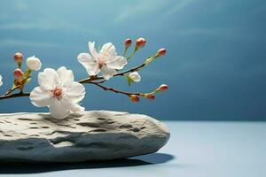 AI generated Serene showcase stone with flowers on a light blue background photo