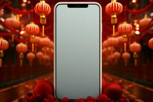 AI generated Innovative 3D banner featuring smartphone, lantern Chinese New Year celebration photo