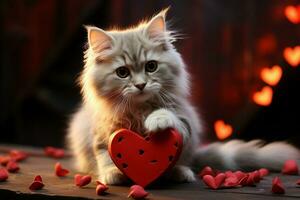 AI generated Heartwarming feline love A kitten cuddling a heart a scene of pure cuteness AI Generated photo