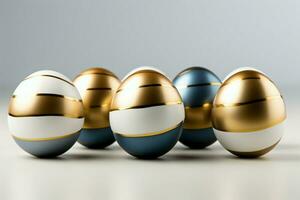 AI generated Minimalistic elegance white and gold Easter eggs, flat lay photo