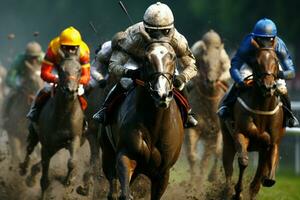 ai generado tremendo pezuñas el emoción de un caballo carrera en lleno columpio ai generado foto