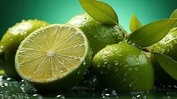 AI generated Lime Citrus Fruits. Close up shot of wet limes. Created with Generative AI photo